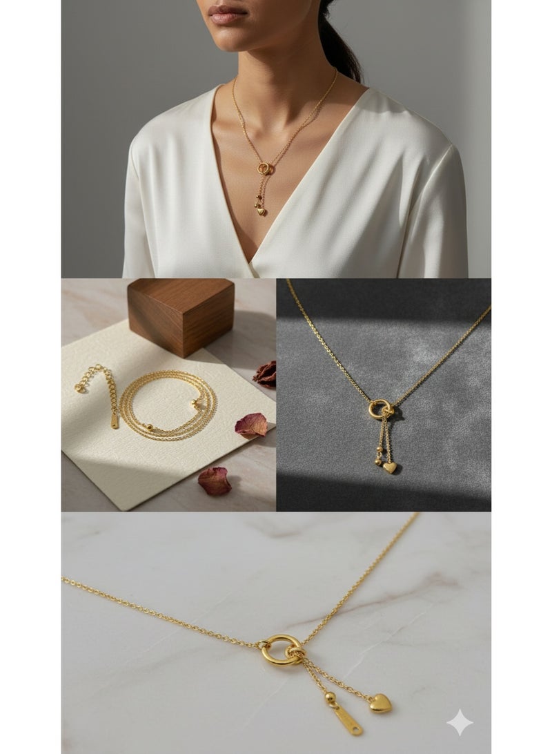 WARD Elegant Gold-Tone Stainless Steel Layered-Look Necklace featuring Heart and Circle Charms - Premium Quality. - Image 2